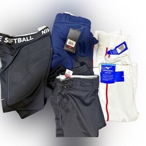 4 softball pants, 3 brand new… 1 Nike pro sliders. Sizes YL, YXL, AS